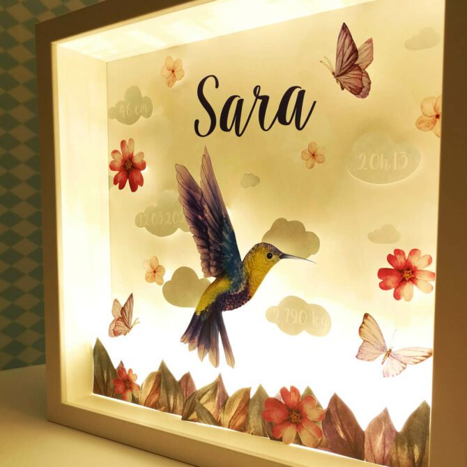 quadro de nascimento com luz ilustrado com um colibri