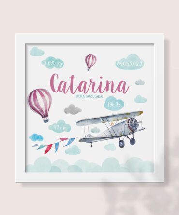 Quadro com dados de nascimento para meninas que adoram aviões