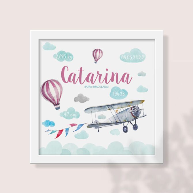 Quadro com dados de nascimento para meninas que adoram aviões