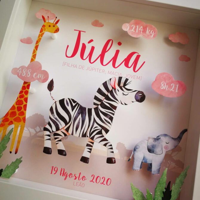 Quadro de nascimento com ilustração de zebra e girafa