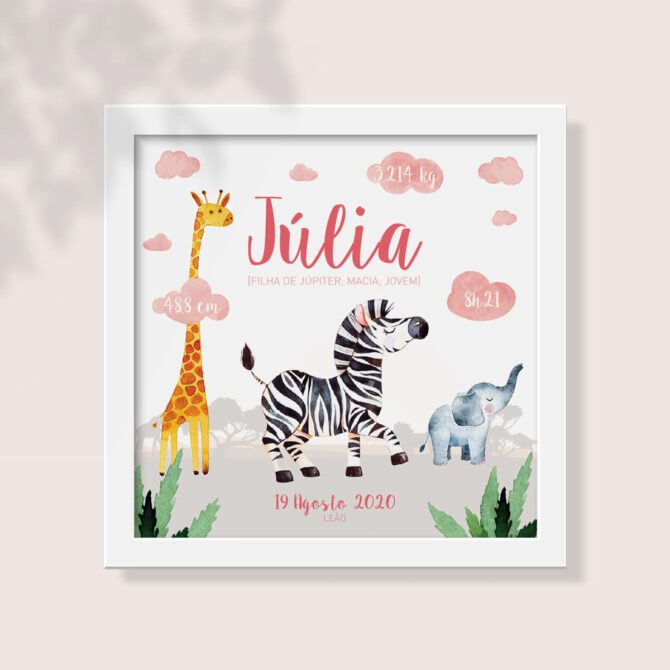 Quadro de nascimento com ilustração de zebra e girafa