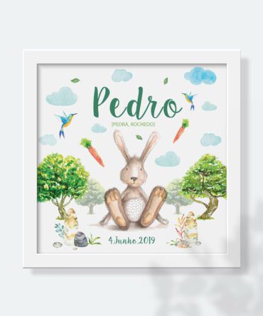 ilustração de pedrito coelho ou peter rabbit com cenouras e dados de nascimento para decorar quarto de bebé