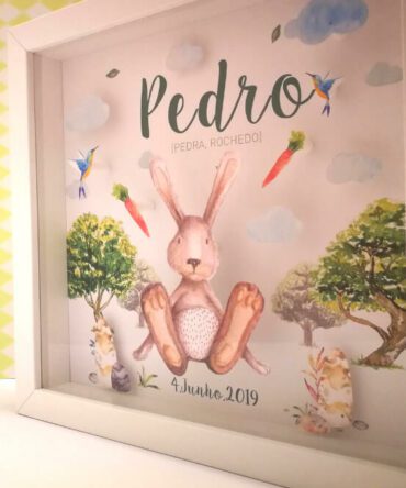 ilustração de pedrito coelho ou peter rabbit com cenouras e dados de nascimento para decorar quarto de bebé