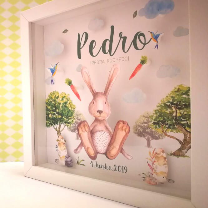 ilustração de pedrito coelho ou peter rabbit com cenouras e dados de nascimento para decorar quarto de bebé