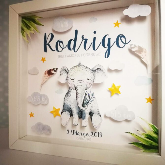 quadro com dados de nascimento e tema elefante