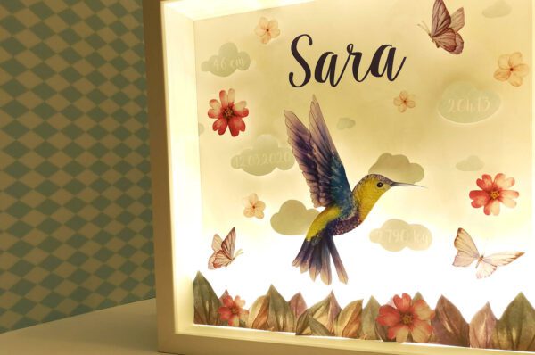 quadro de nascimento com luz ilustrado com um colibri