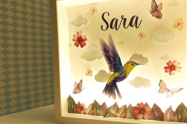 quadro de nascimento com luz ilustrado com um colibri