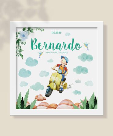 ilustração infantil de menino a andar de mota. Quadro perfeito para quarto de criança