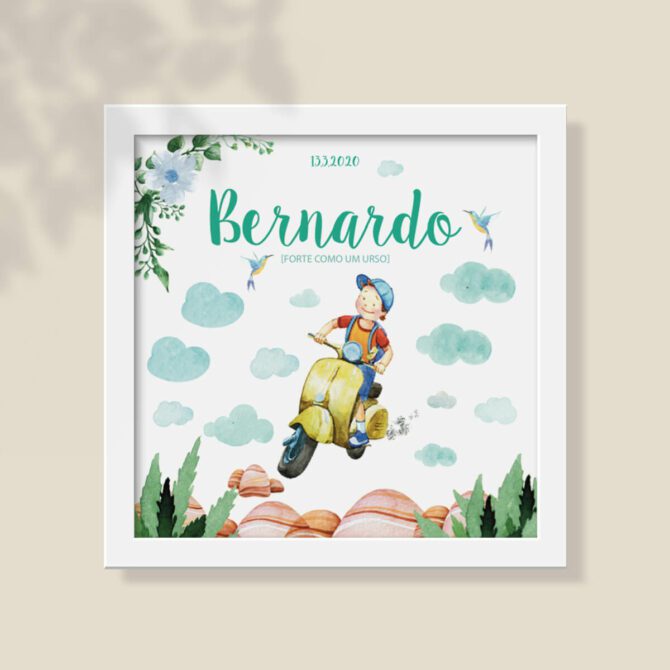 ilustração infantil de menino a andar de mota. Quadro perfeito para quarto de criança