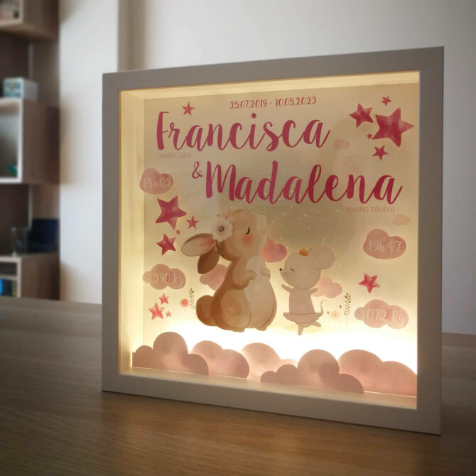 Quadro Amor de Irmãs com ilustração de coelhinha e ratinha.