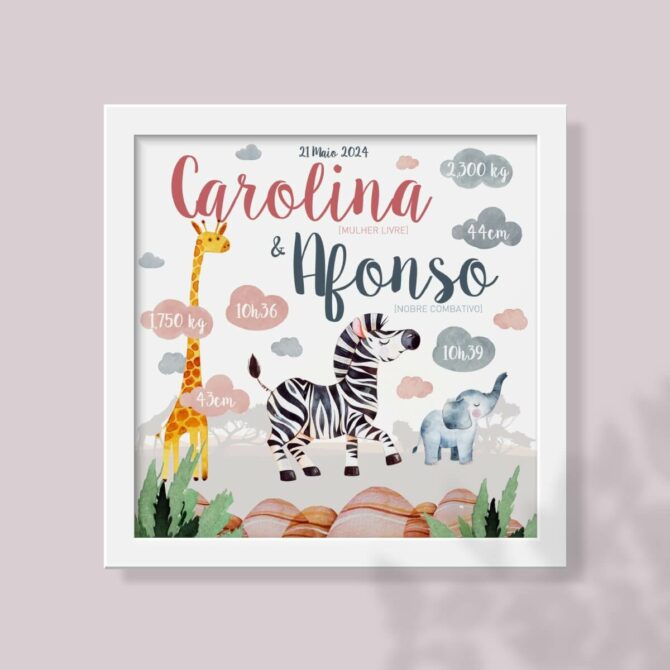 Quadro de Nascimento Bom Dia Zebra para dois irmãos