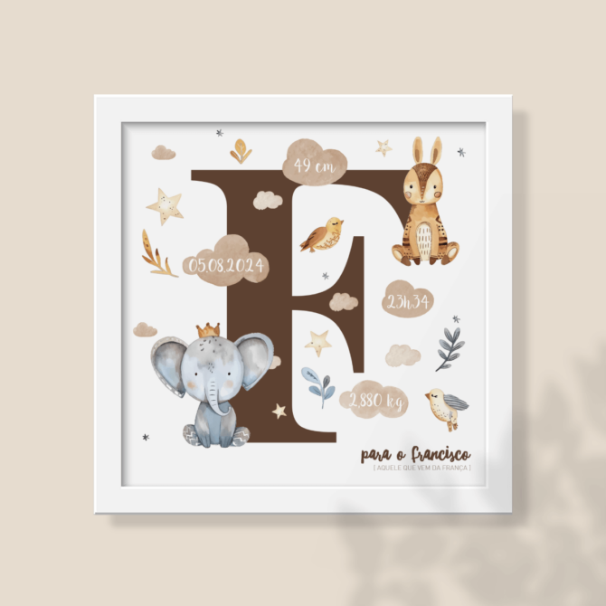 Quadro de Nascimento Elefante com dados de nascimento e inicial em destaque