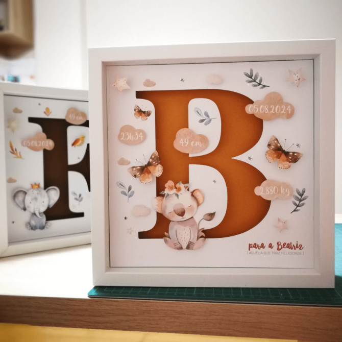 Quadro de Nascimento Coala com dados de nascimento e inicial do nome do bebé